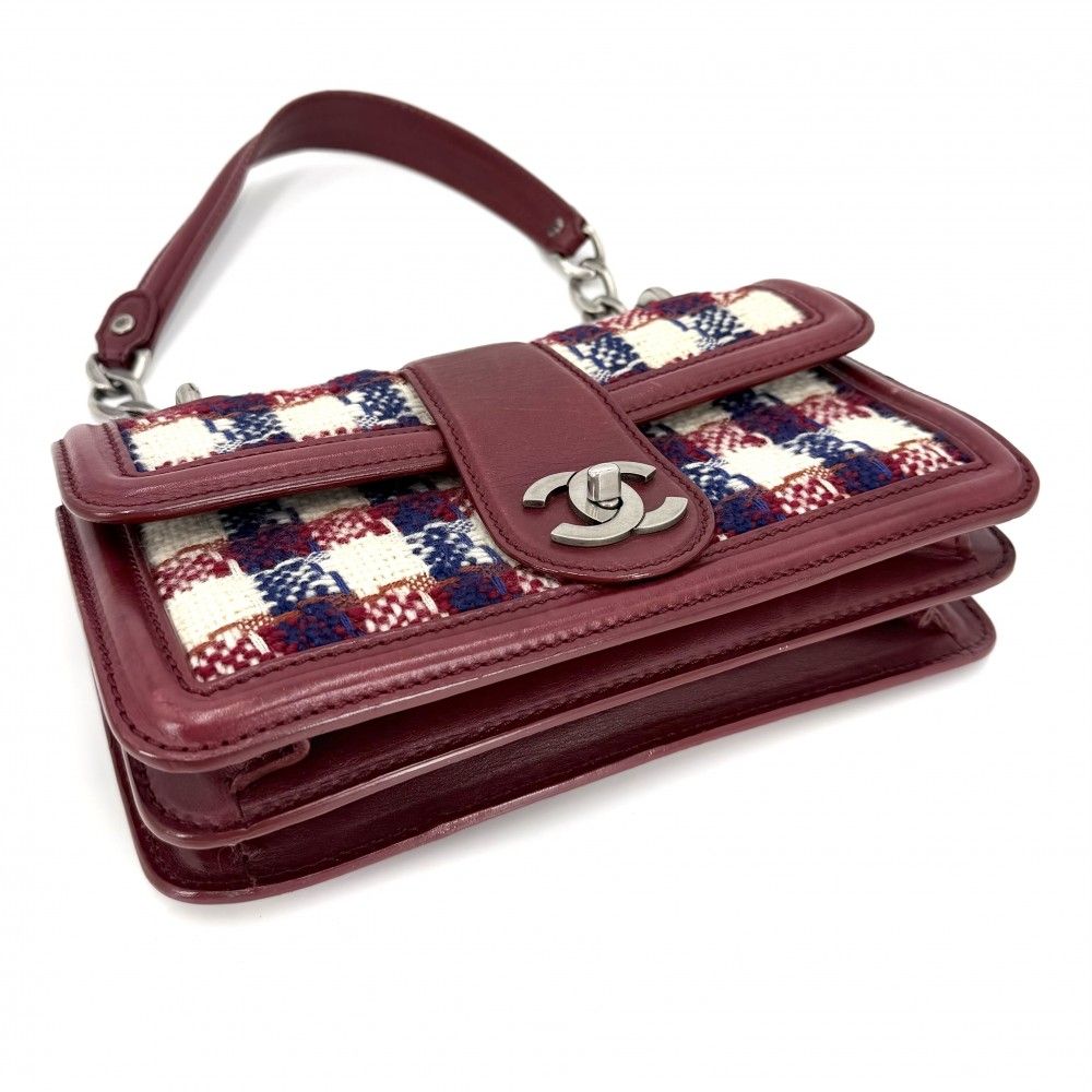 Chanel Shoulder Bag CC Logo Check Tweed Leather Red Silver — view 3