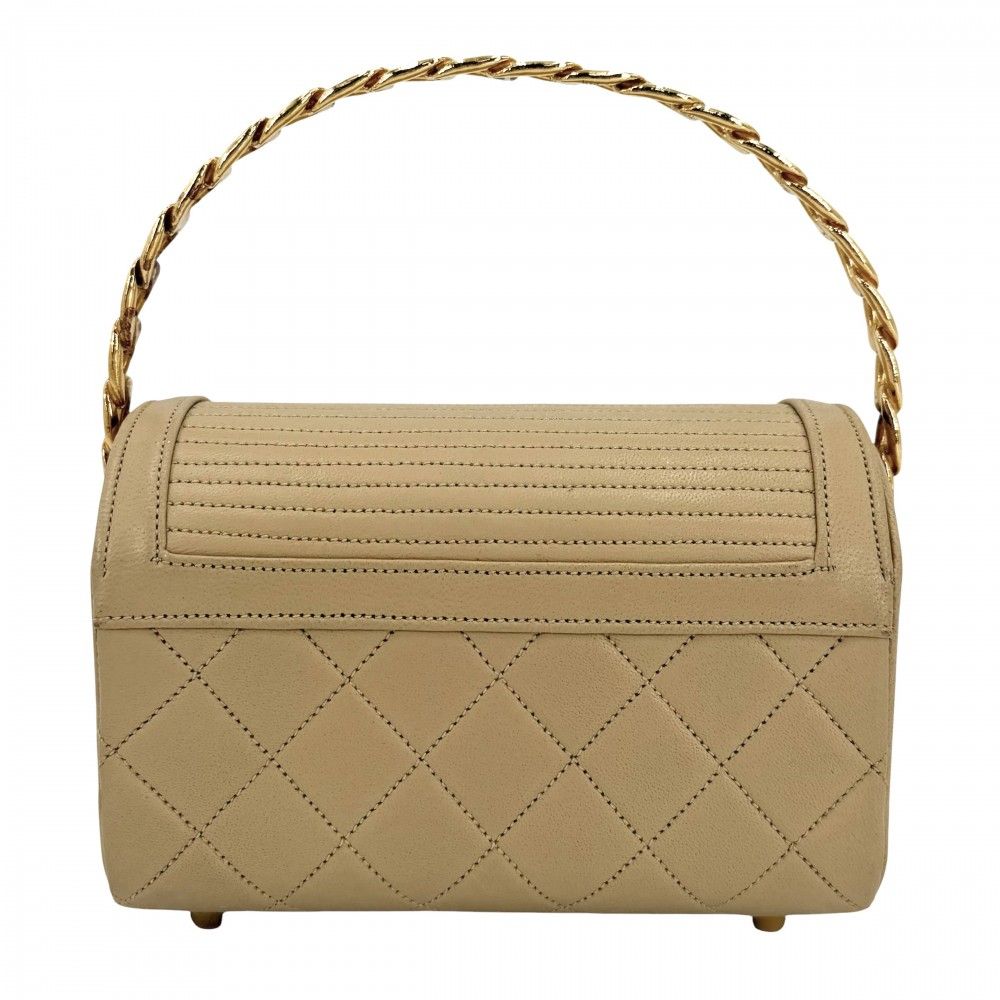 Chanel Boys Quilted Top Handle Mini Bag Vintage CC Logo Lambskin Beige Gold