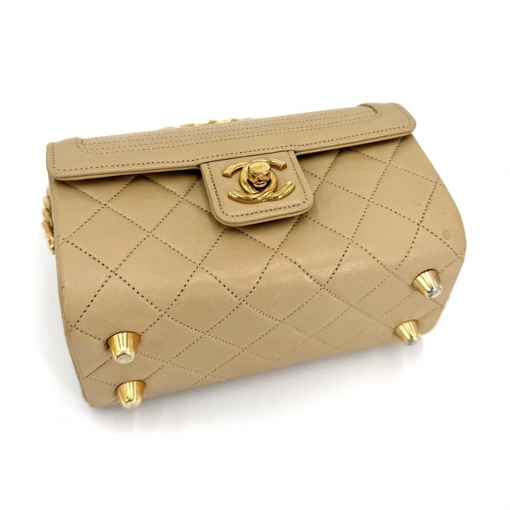 Chanel Boys Quilted Top Handle Mini Bag Vintage CC Logo Lambskin Beige Gold