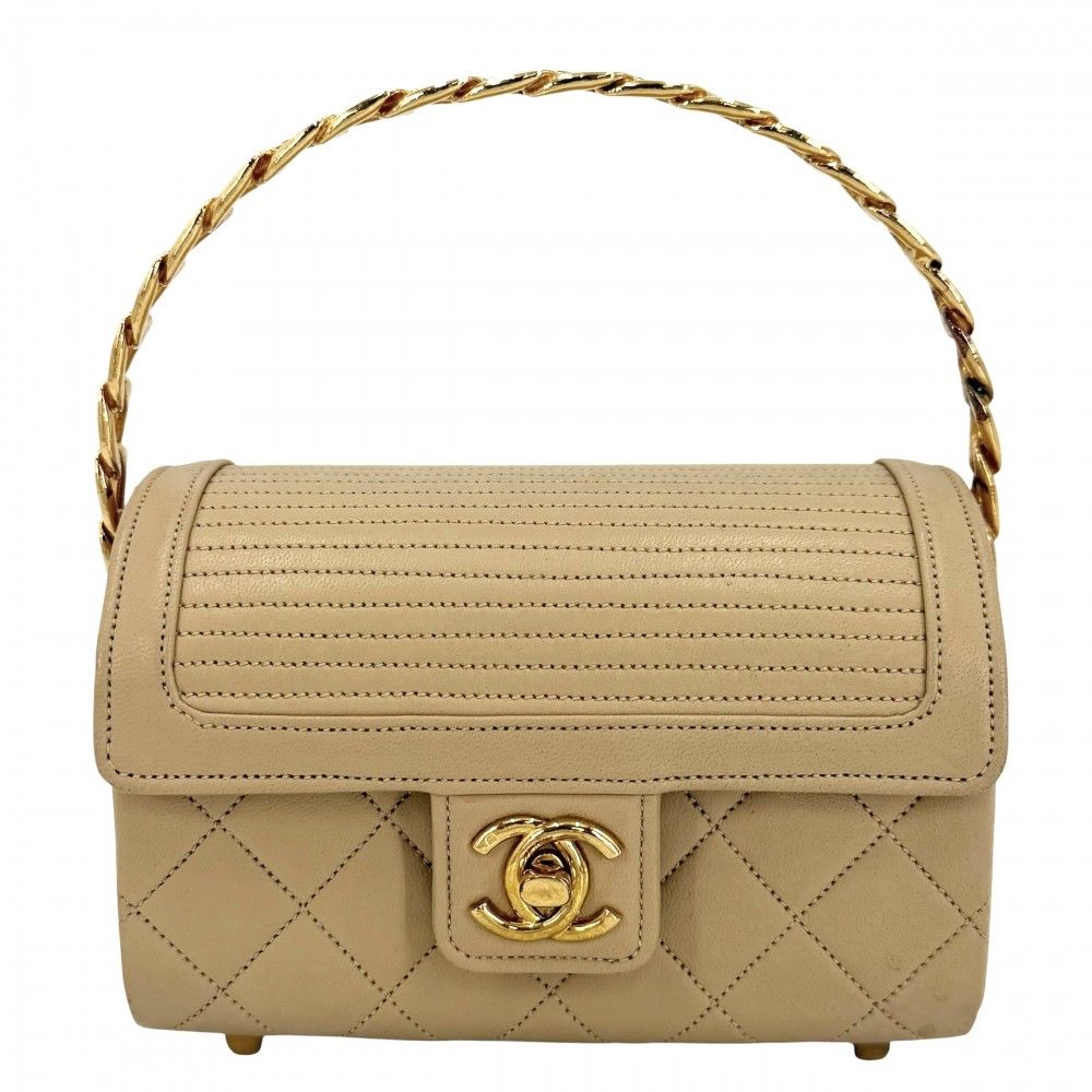 Chanel Boys Quilted Top Handle Mini Bag Vintage CC Logo Lambskin Beige Gold