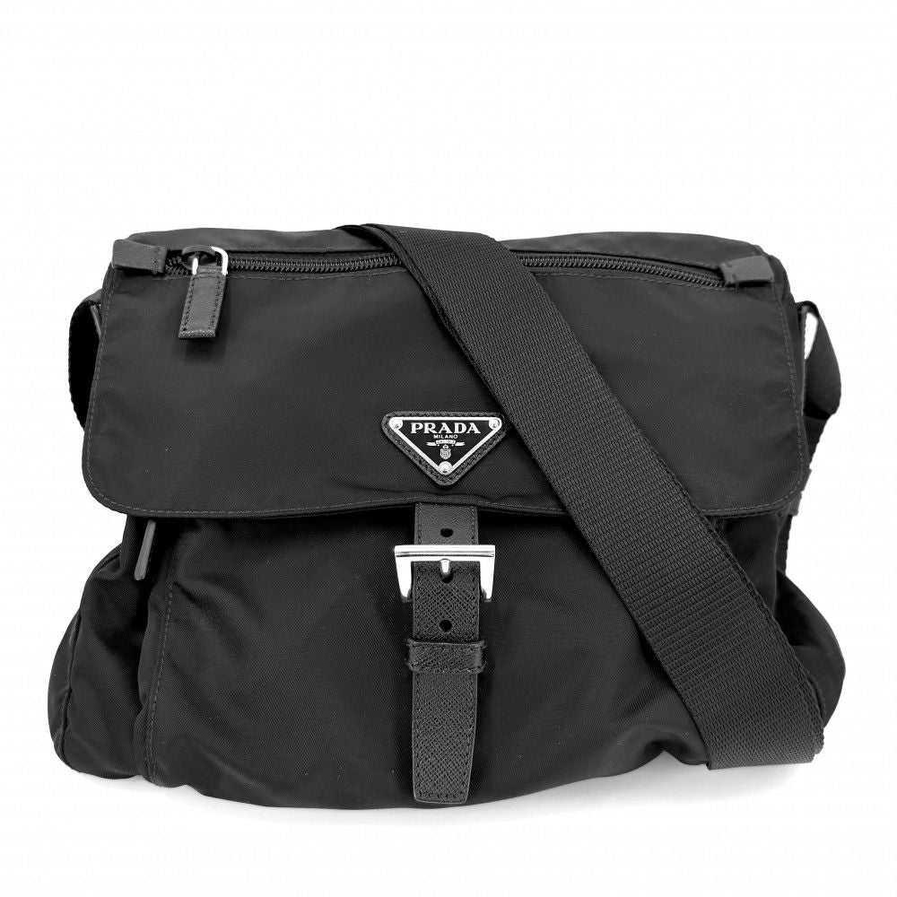 Prada Shoulder Bag Triangle Logo Crossbody Nylon Black Silver