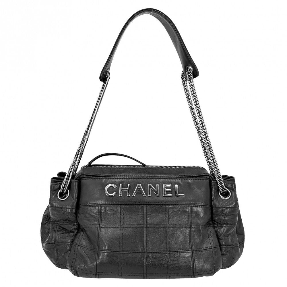 Chanel Choco Bar Bowling Bag Shoulder Chain Leather Black Silver
