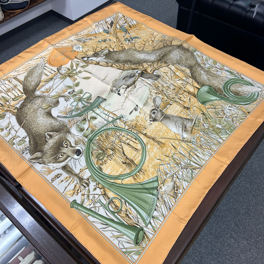 Hermes Carre 90 Yellow Forest Hunting Scarf
