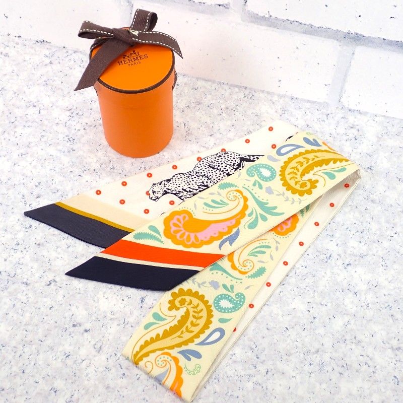Hermes Guepards Bandana Scarf Silk Jaune Souffle Orange Green White