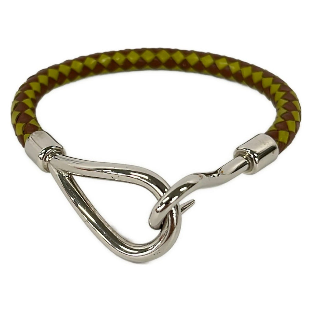 Hermes Bracelet Jumbo Leather Khaki Brown Silver Braid