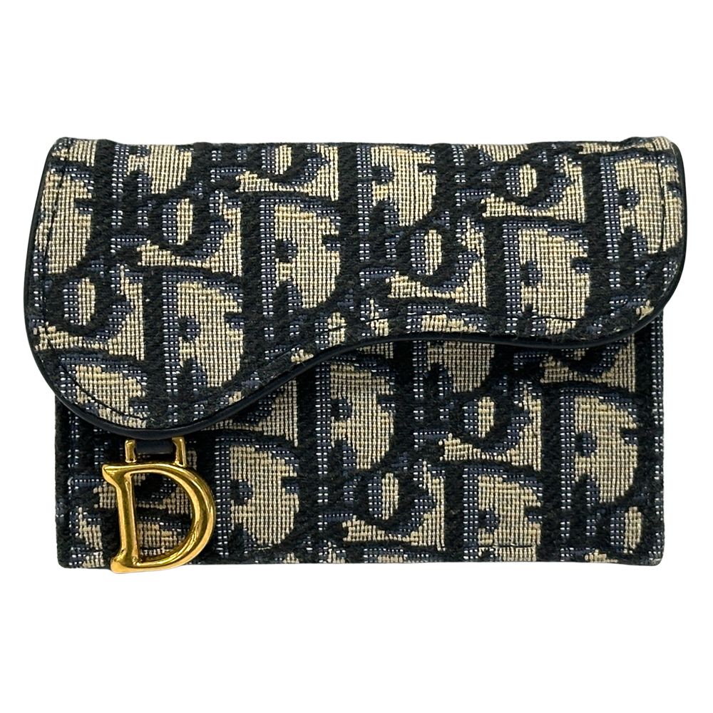 Dior Card Case Oblique Jacquard Canvas Saddle Blue Holder Navy Beige Small