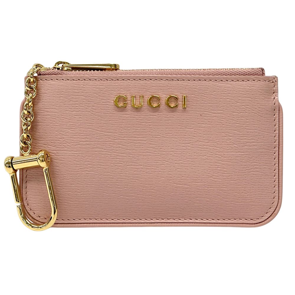 Gucci Wallet Script Coin Case Leather Pink Gold Purse with Key Chain Simple