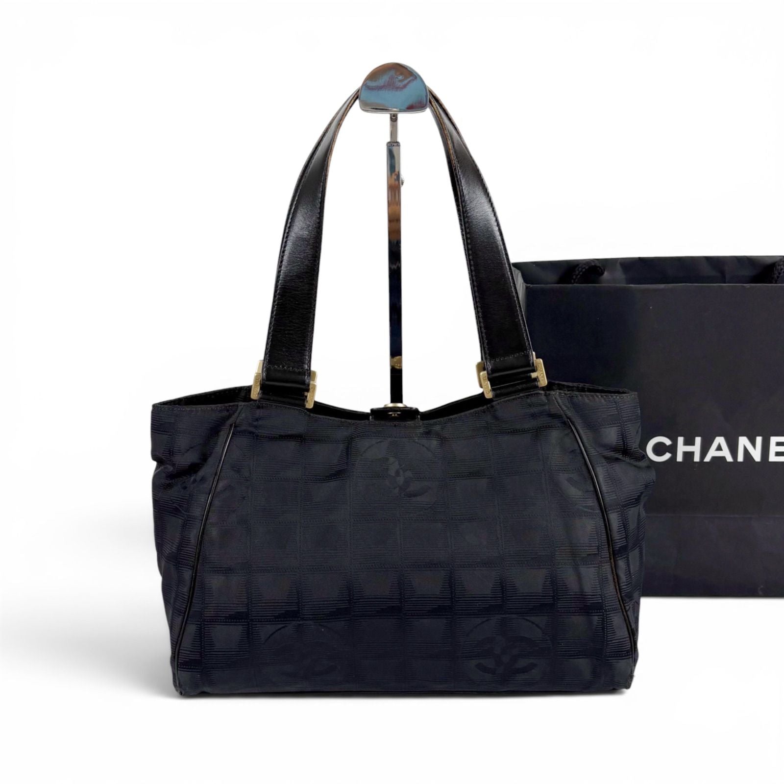Chanel New Travel Line Handbag Satchel Black Nylon Canvas