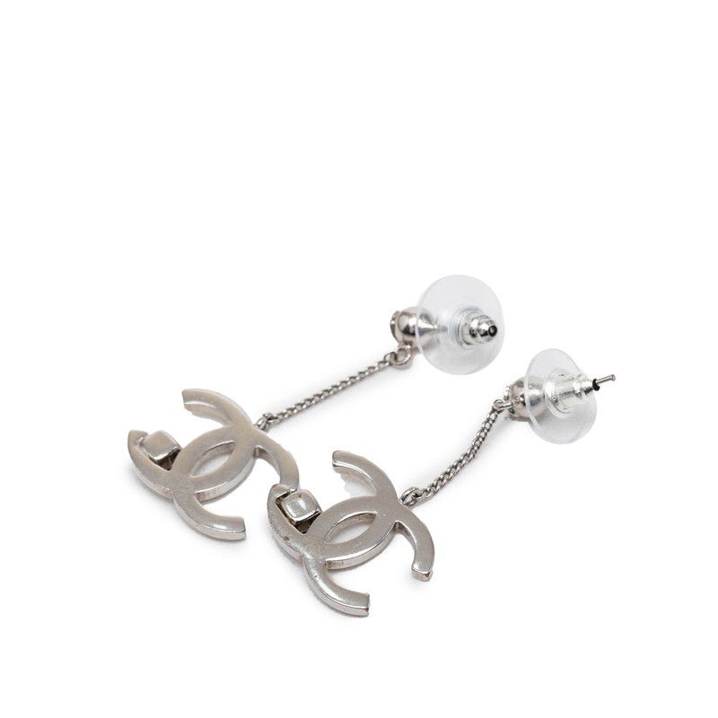 Chanel CC Logo Earrings Silver Black Metal Stone — view 2