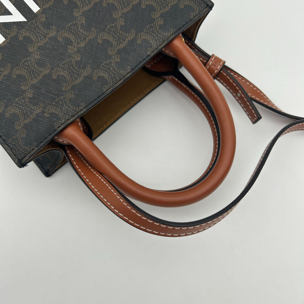 Celine Mini Barty Calcaba 2-Way Shoulder Bag Triomphe Canvas Tan Dark Brown — view 6