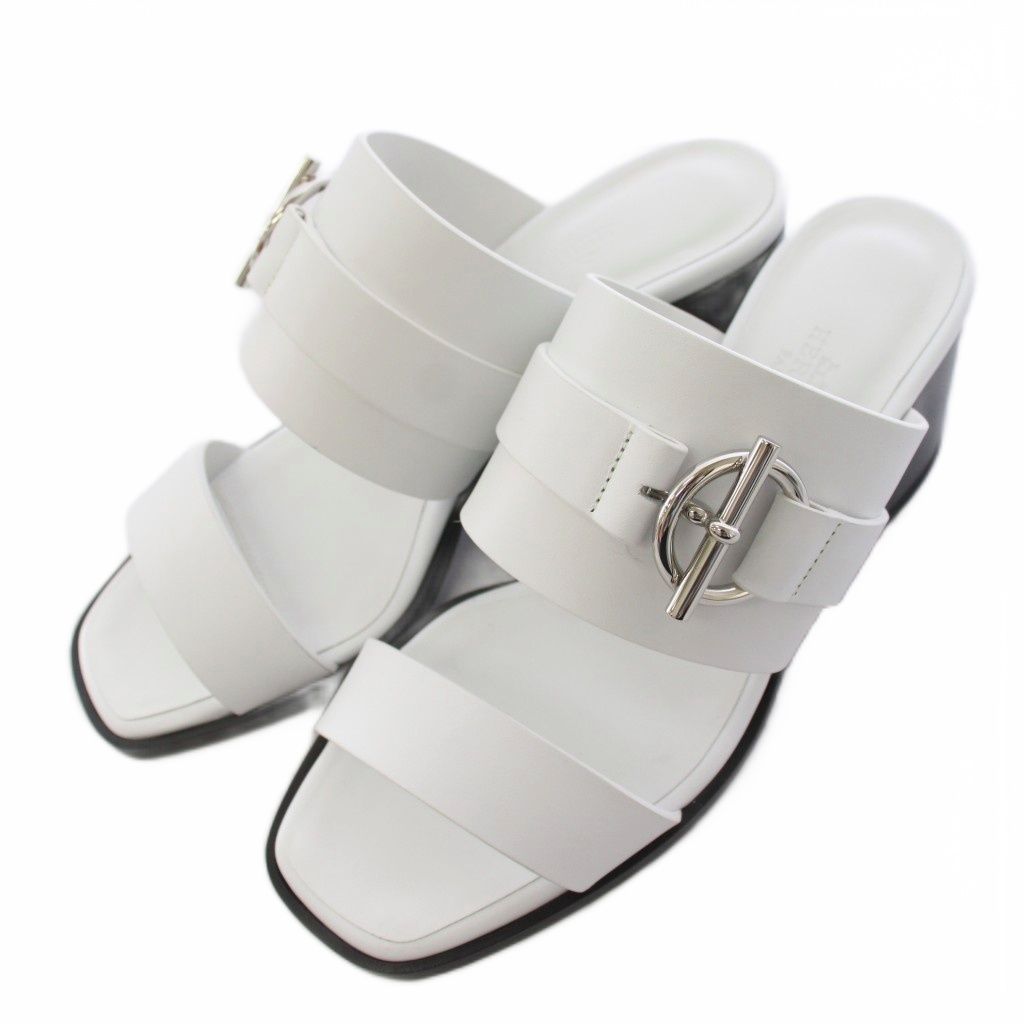 Hermes Glenan Sandals Square Toe Chunky Heels Leather 35 White BB