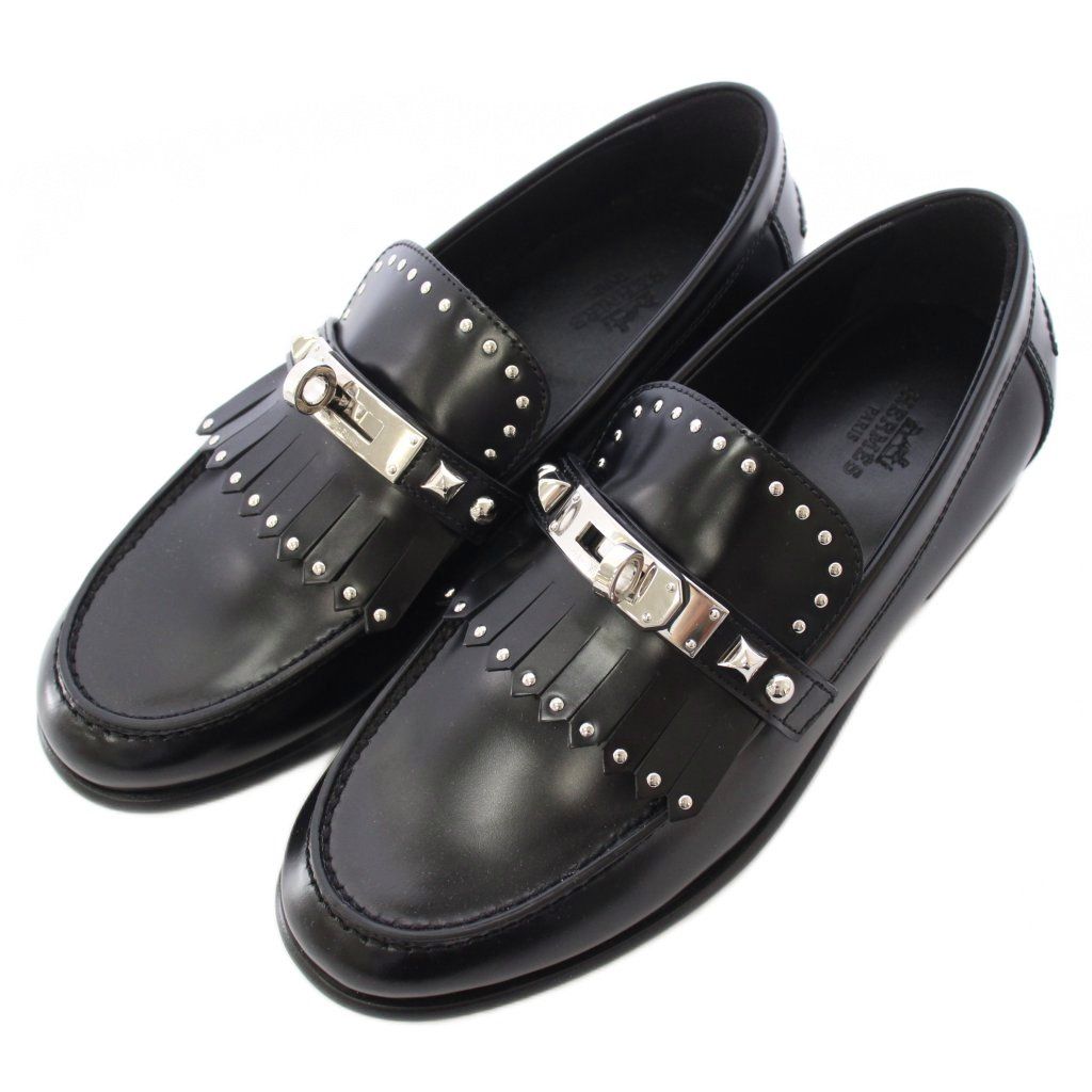 Hermes Destin Loafers Ro Heels Fringe Studs Decoration 34 Black BB