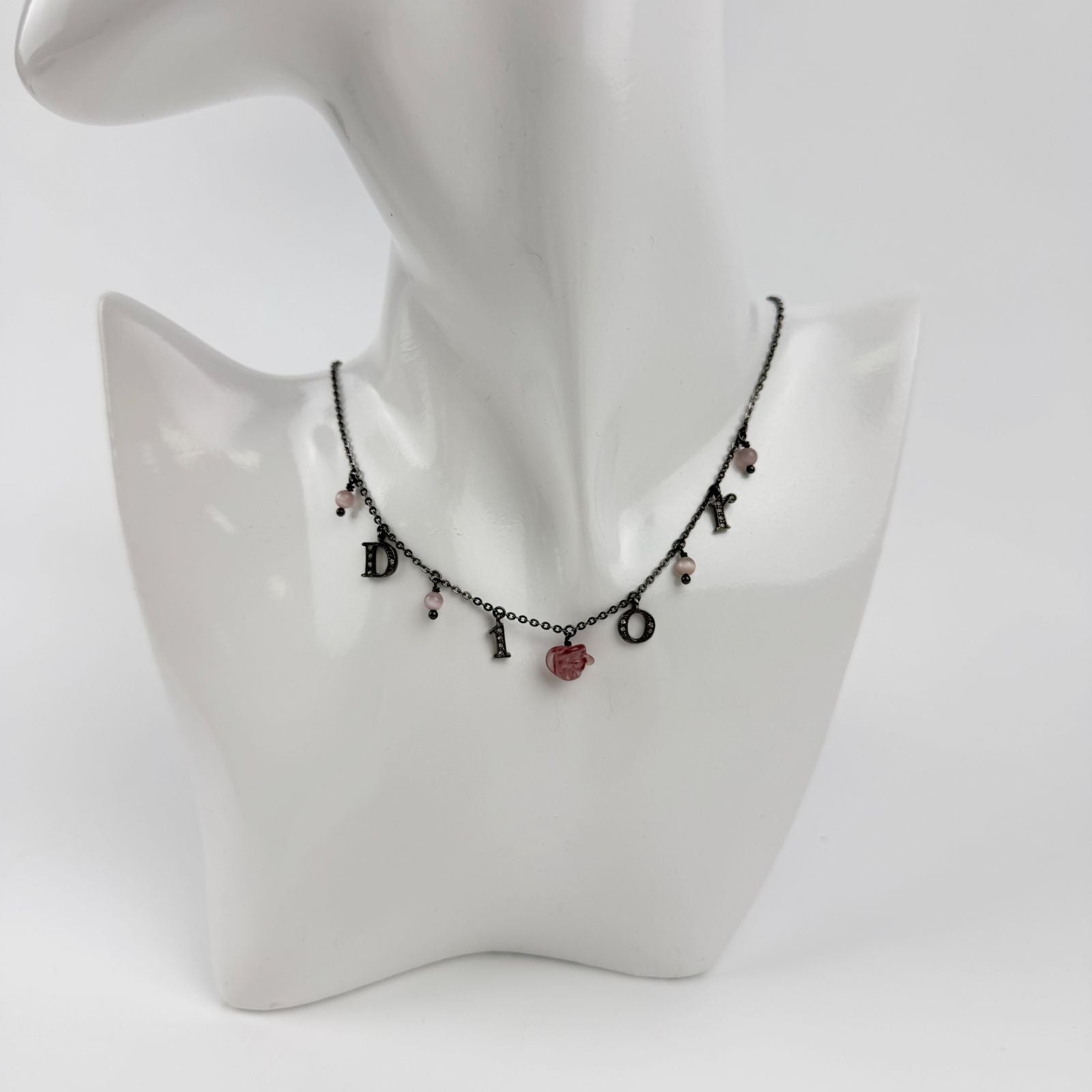 Dior Necklace Metal Rhinestone Silver Pink Vintage