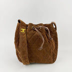 Chanel CC Logo Quilted Shoulder Bag Suede Leather Brown Gold Vintage