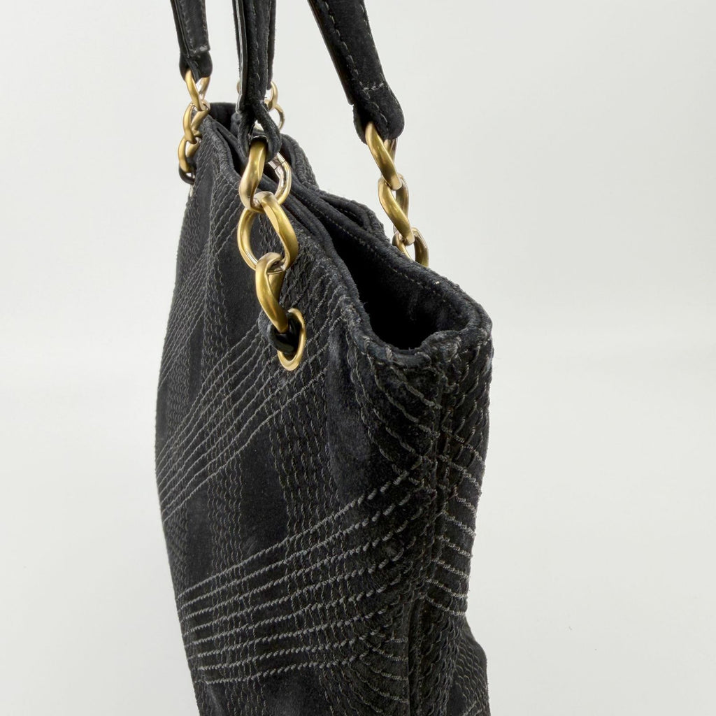 Chanel CC Logo Quilted Tote Shoulder Bag Suede Black Gold Vintage — view 8