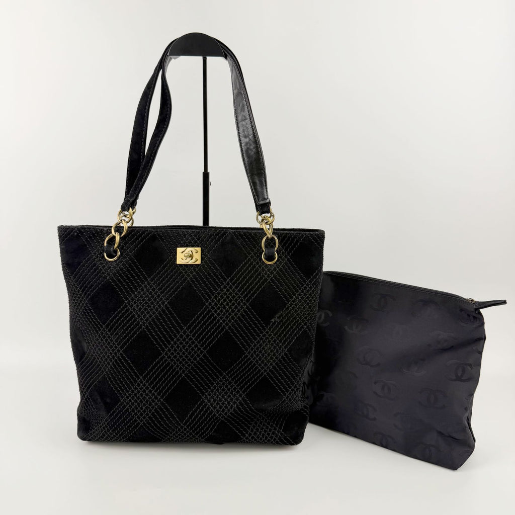 Chanel CC Logo Quilted Tote Shoulder Bag Suede Black Gold Vintage