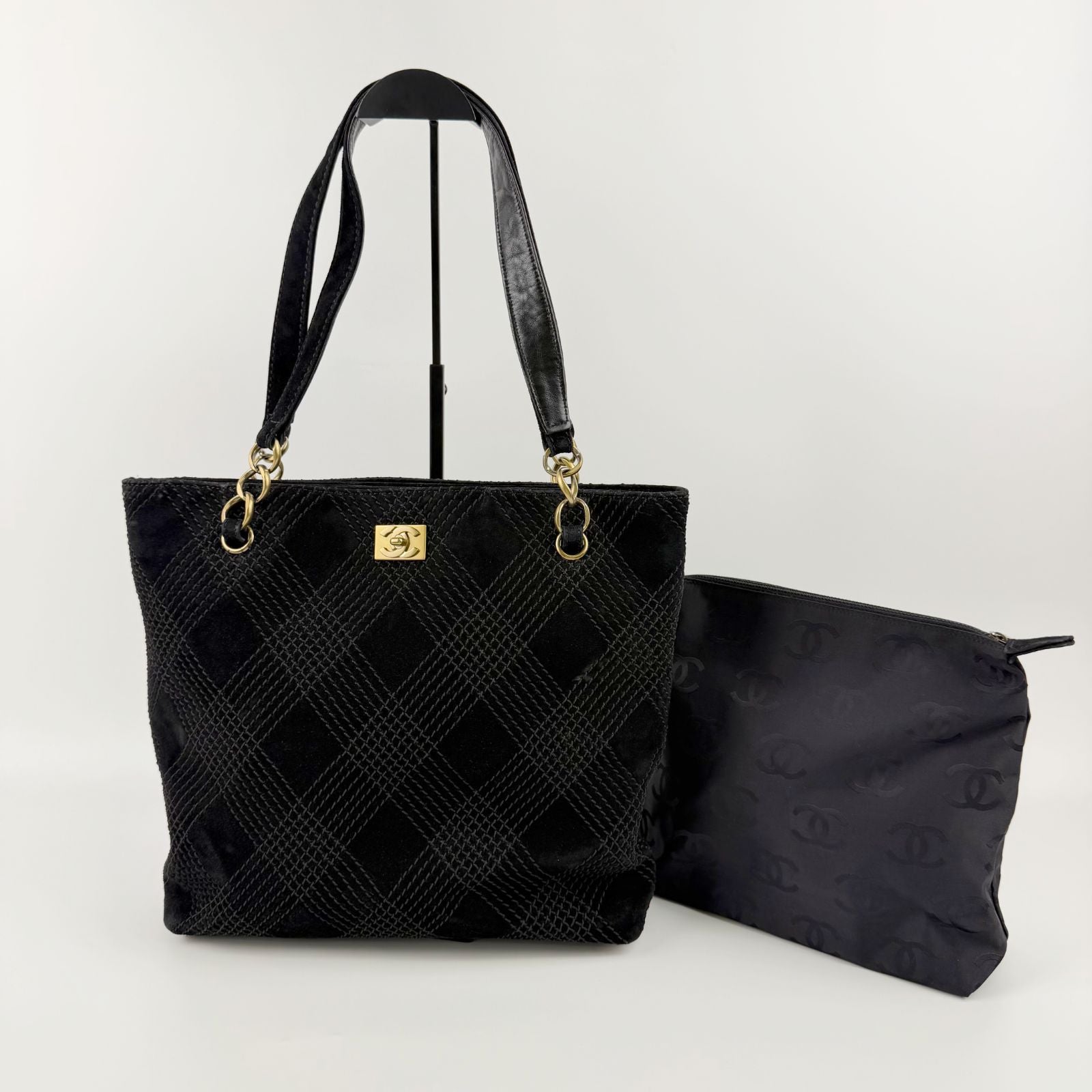 Chanel CC Logo Quilted Tote Shoulder Bag Suede Black Gold Vintage