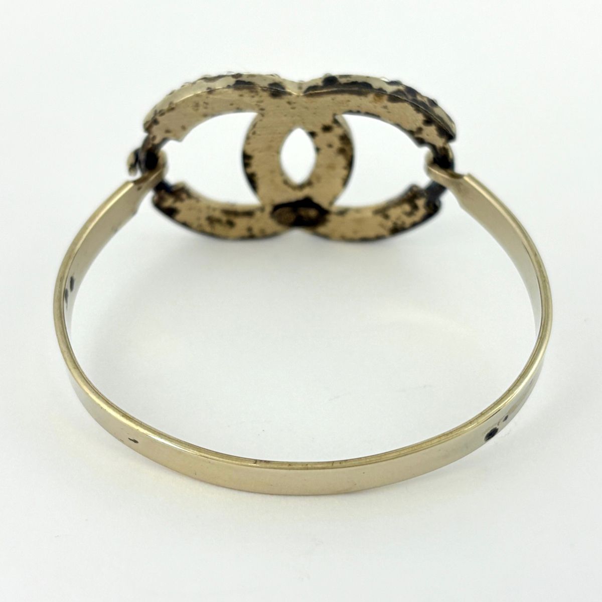 Chanel CC Logo Rhinestone Bangle Silver Plated Bracelet — view 3