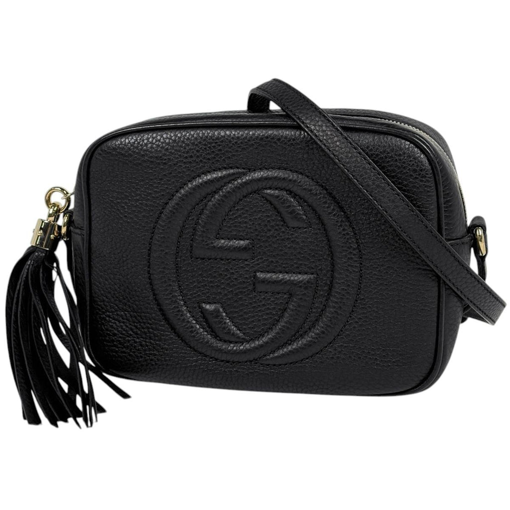 Gucci Soho Shoulder Bag Tassel Fringe Interlocking Leather Black