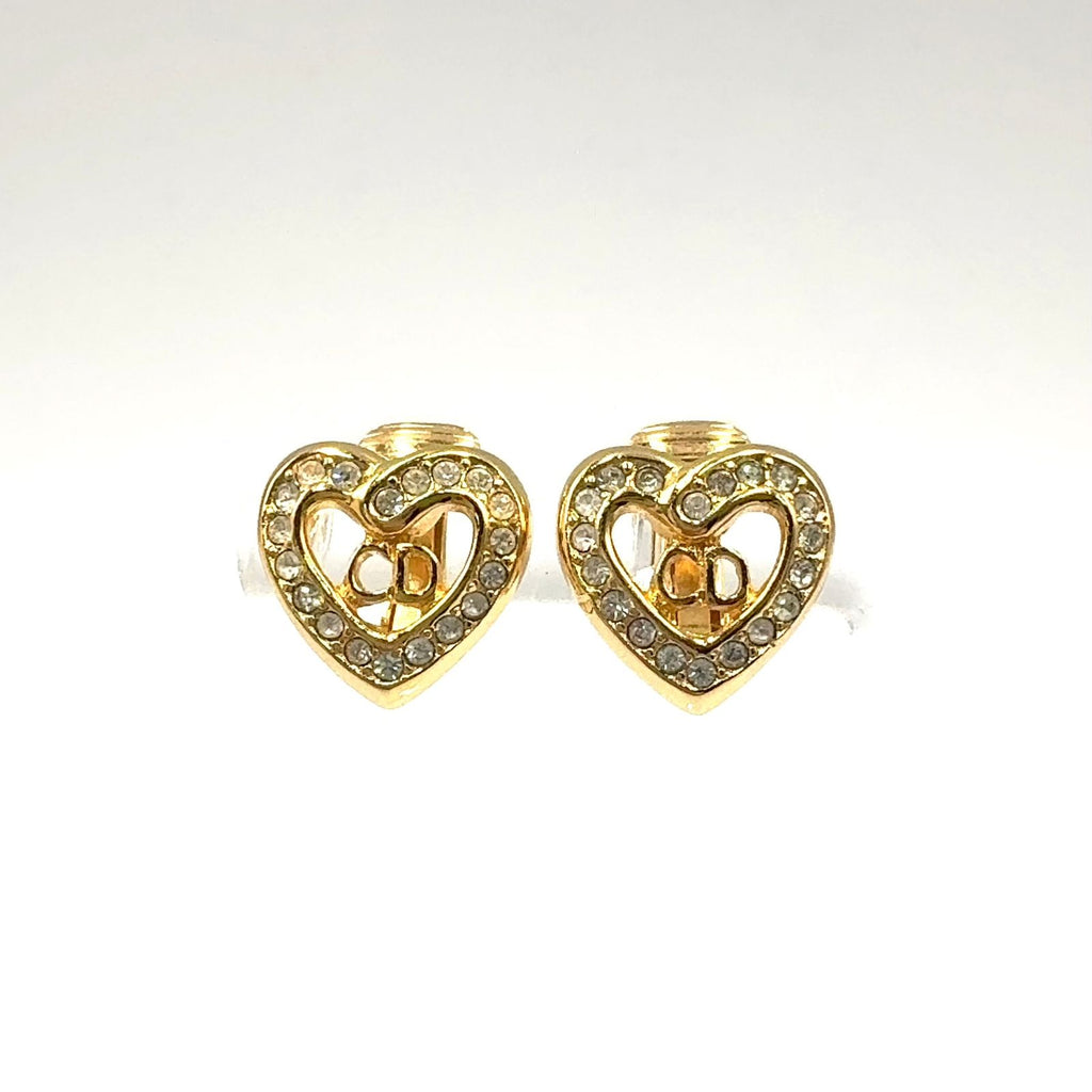 Dior CD Logo Heart Motif Earrings Color Stone Clear Gold — view 8