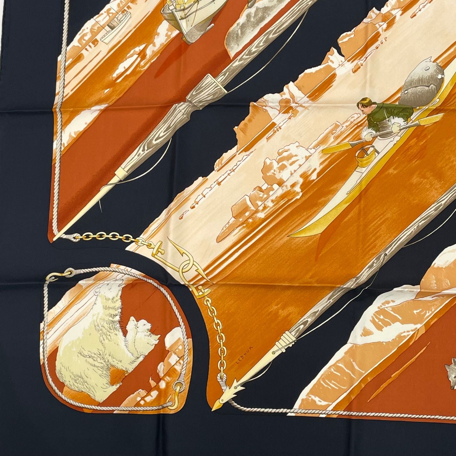 Hermes Carre 90 Gronland Green Land Eskimo Dog Sled Silk Scarf Black — view 5
