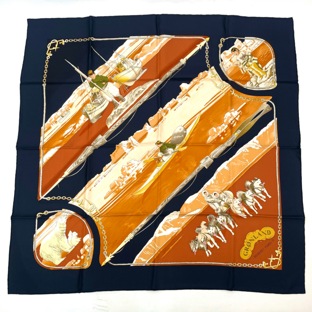 Hermes Carre 90 Gronland Green Land Eskimo Dog Sled Silk Scarf Black