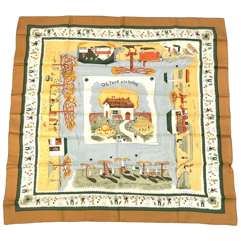 Hermes Carre 90 RE Tour a la Terre Return Yellow Silk 100% Scarf