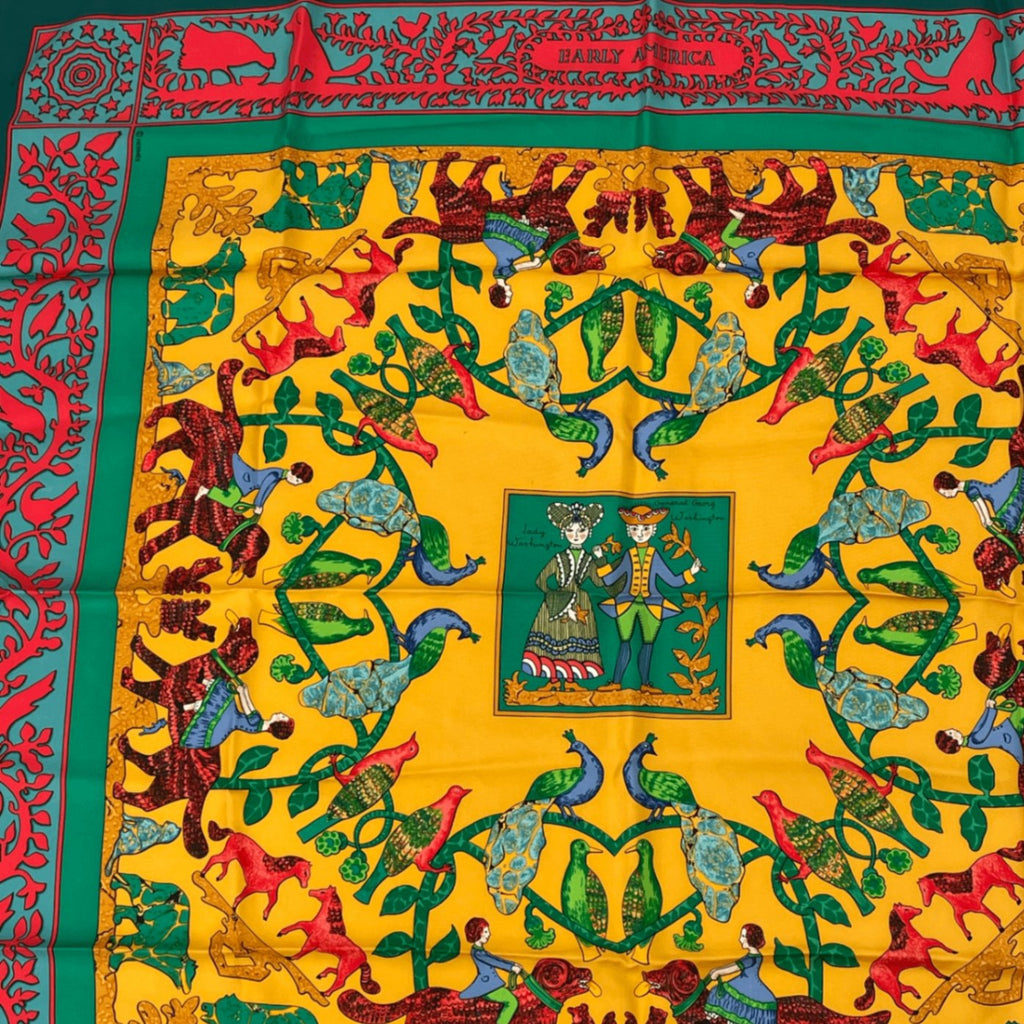 Hermes Early America Carre 90 Scarf Green Multicolor Silk