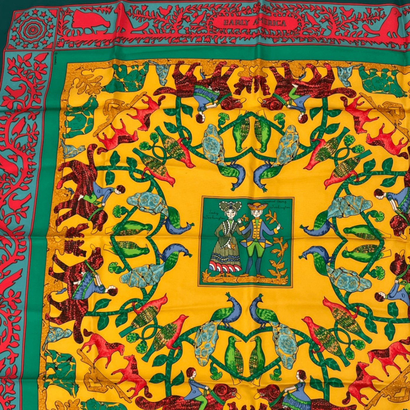 Hermes Early America Carre 90 Scarf Green Multicolor Silk