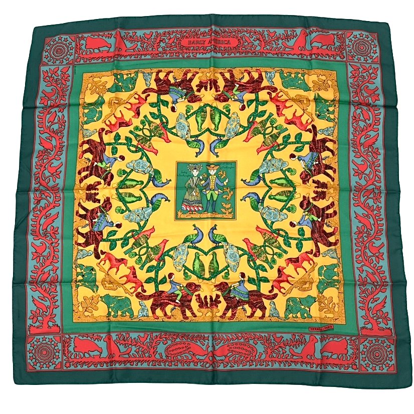 Hermes Early America Carre 90 Scarf Green Multicolor Silk