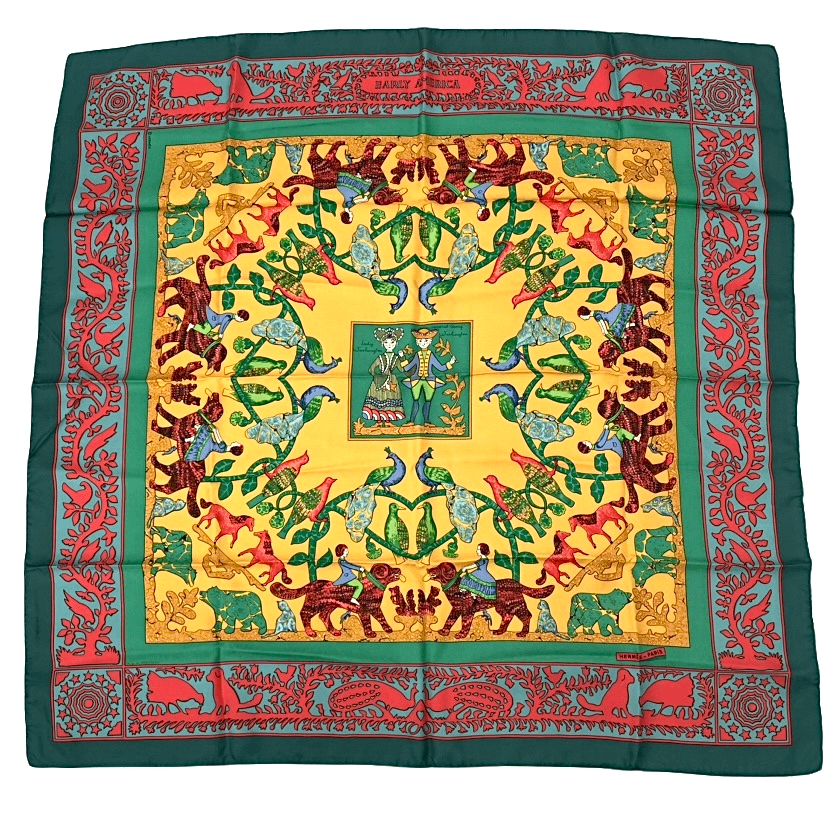 Hermes Early America Carre 90 Scarf Green Multicolor Silk