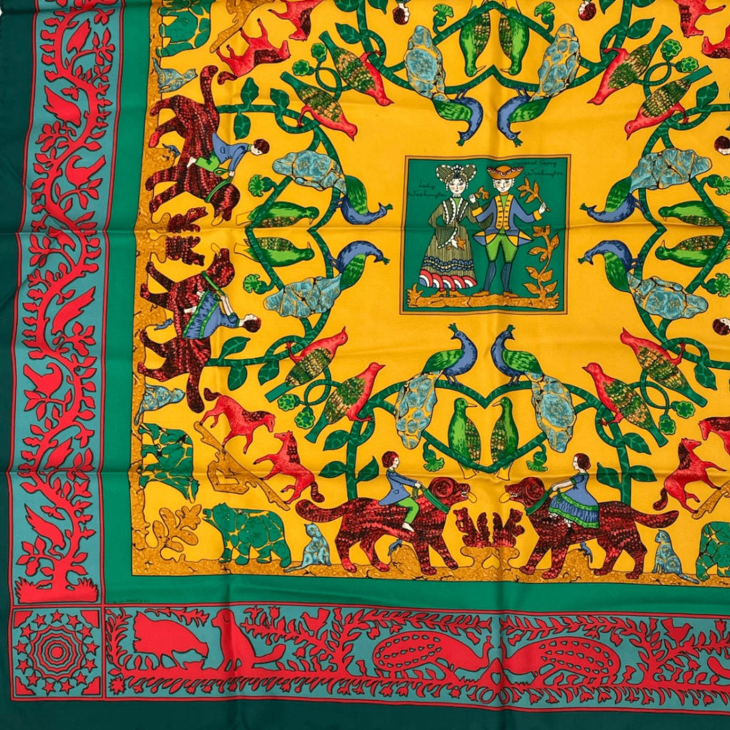 Hermes Early America Carre 90 Scarf Green Multicolor Silk