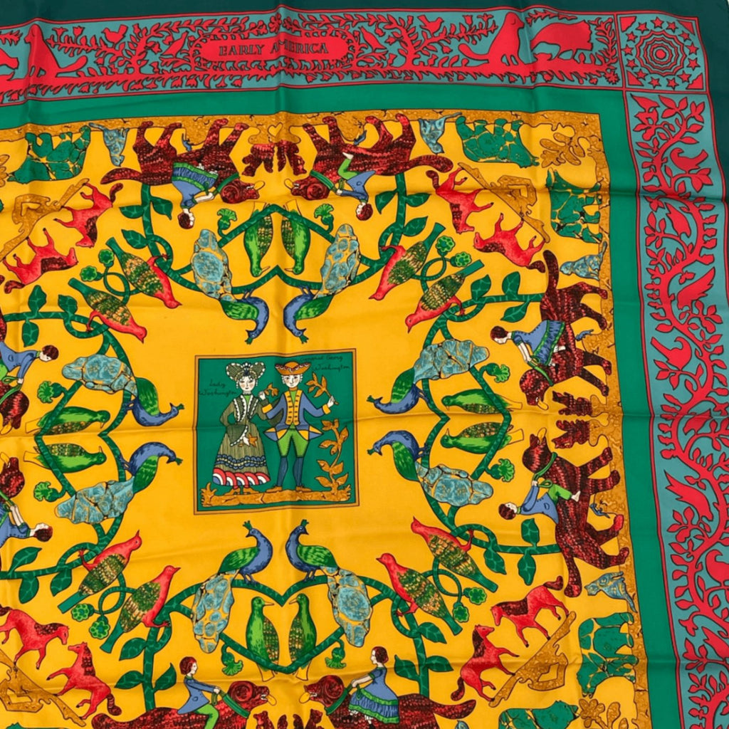 Hermes Early America Carre 90 Scarf Green Multicolor Silk