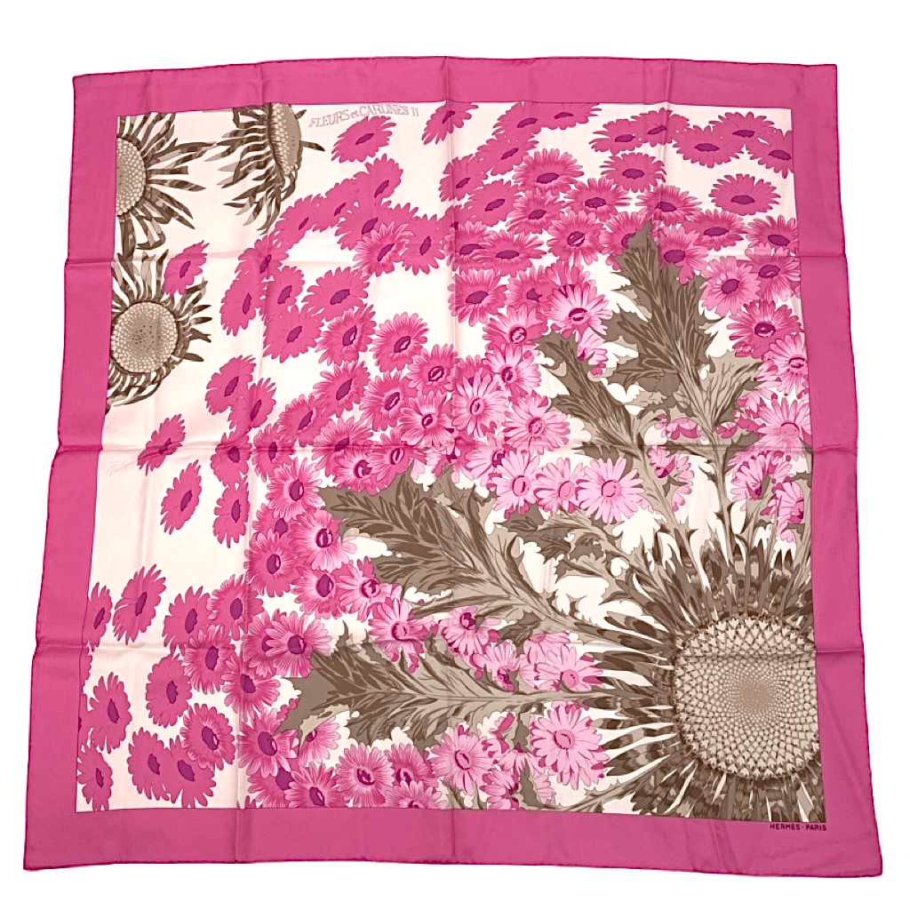 Hermes Scarf Carre 90 Square Pink Multicolor Floral Silk 100% Fleurs Et Carlines