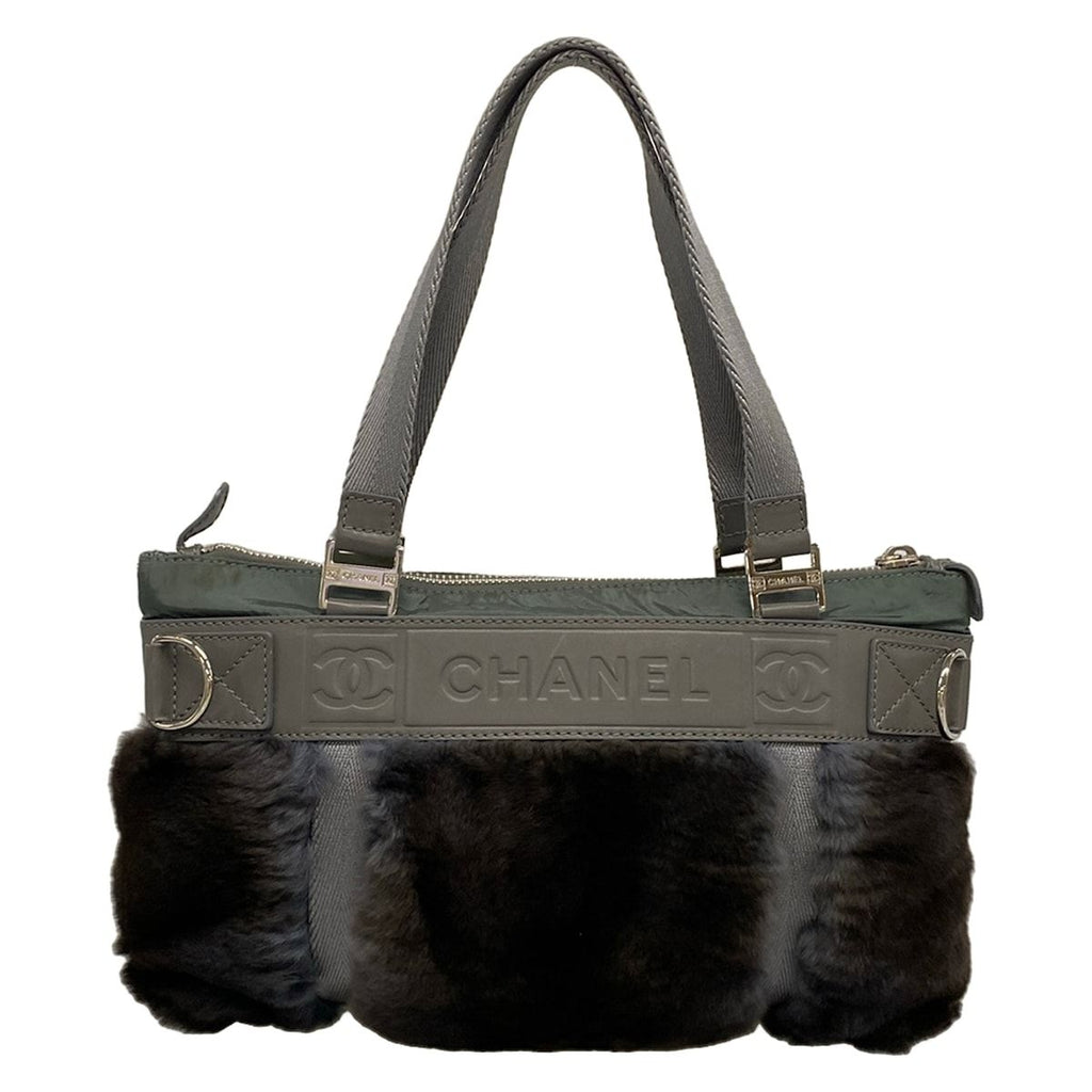 Chanel Handbag Sports Line Gray Green Silver Leather Fur Rabbit