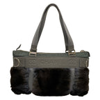Chanel Handbag Sports Line Gray Green Silver Leather Fur Rabbit