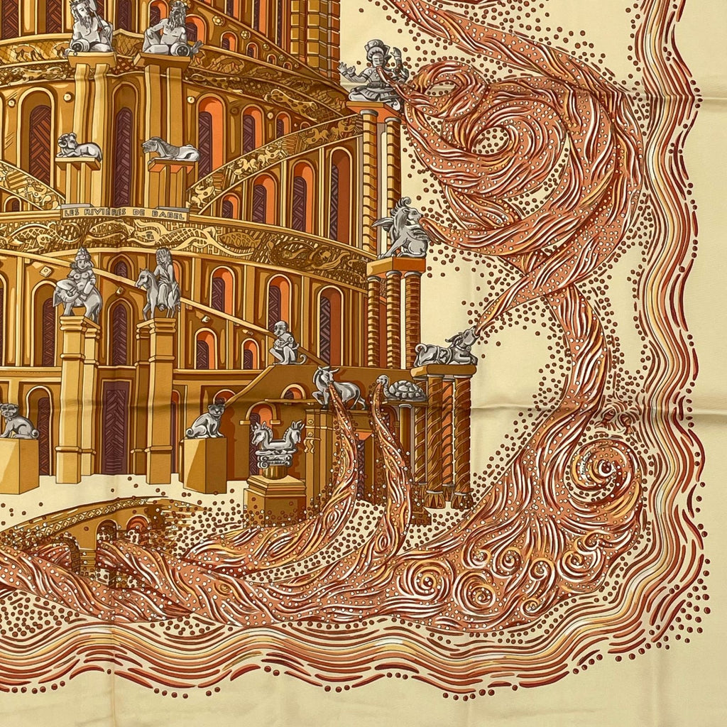 Hermes Carre 90 les Rivieres de Babel River of Scarf Silk 100% Beige — view 3