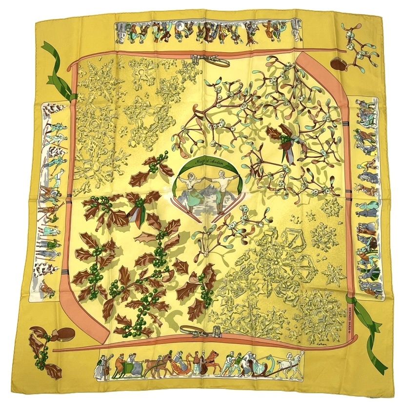 Hermes Carre 90 Neige D'antan Last Year's Snow Yellow Silk 100% Scarf