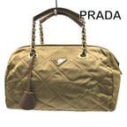 Prada Nylon Tessuto Triangle Logo Quilted Mini Boston Chain Hand Bag Brown