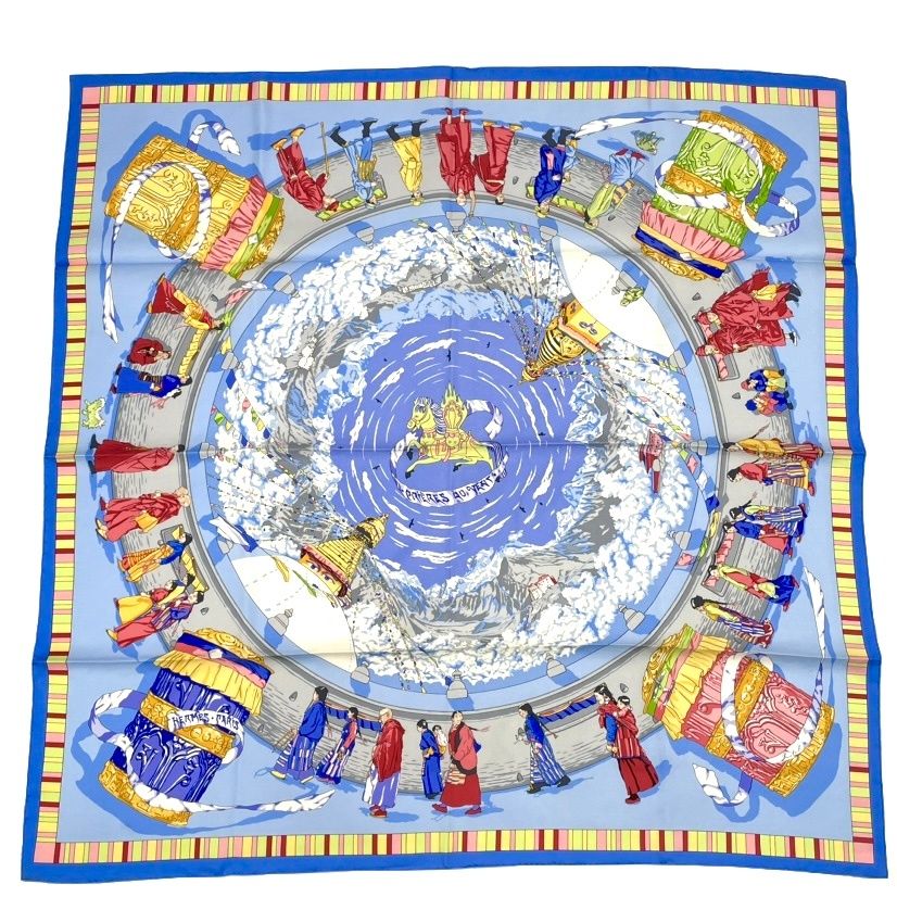 Hermes Carre 90 Prieres AU Vent Prayer in the Wind Silk Scarf Blue