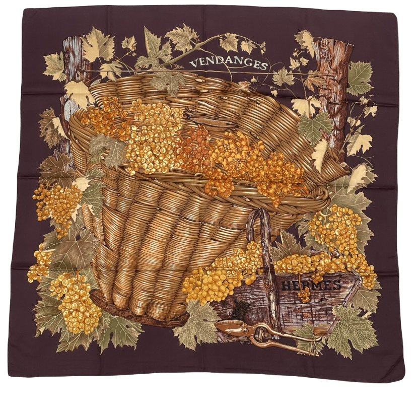 Hermes Carre 90 Scarf Vendanges Brown Silk