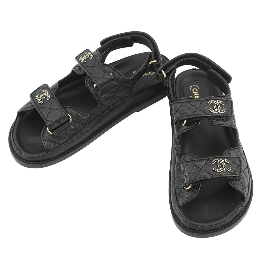 Chanel Sandals CC Logo Quilted Leather 38c Shoes Black