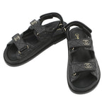 Chanel Sandals CC Logo Quilted Leather 38c Shoes Black