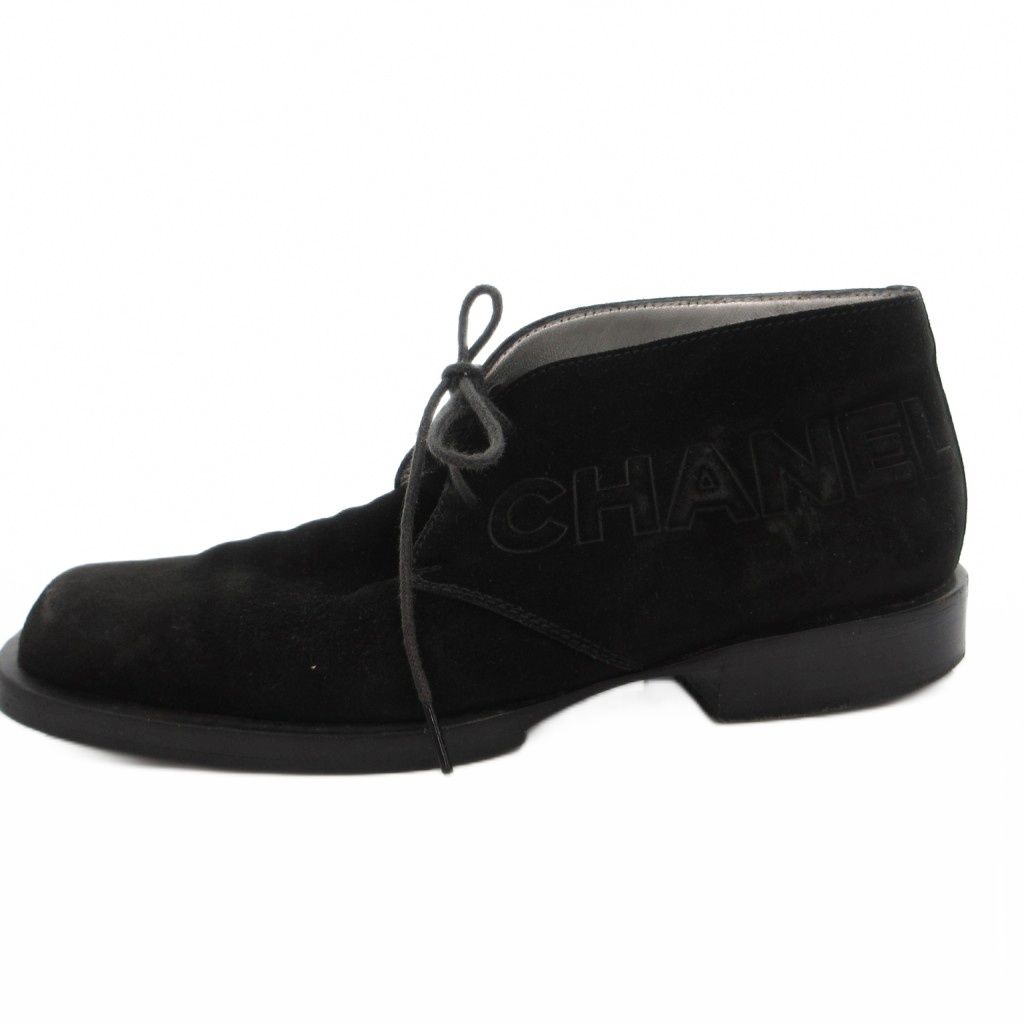 Chanel Lace Up Shoes Logo CC Suede 35.5 Black — view 2