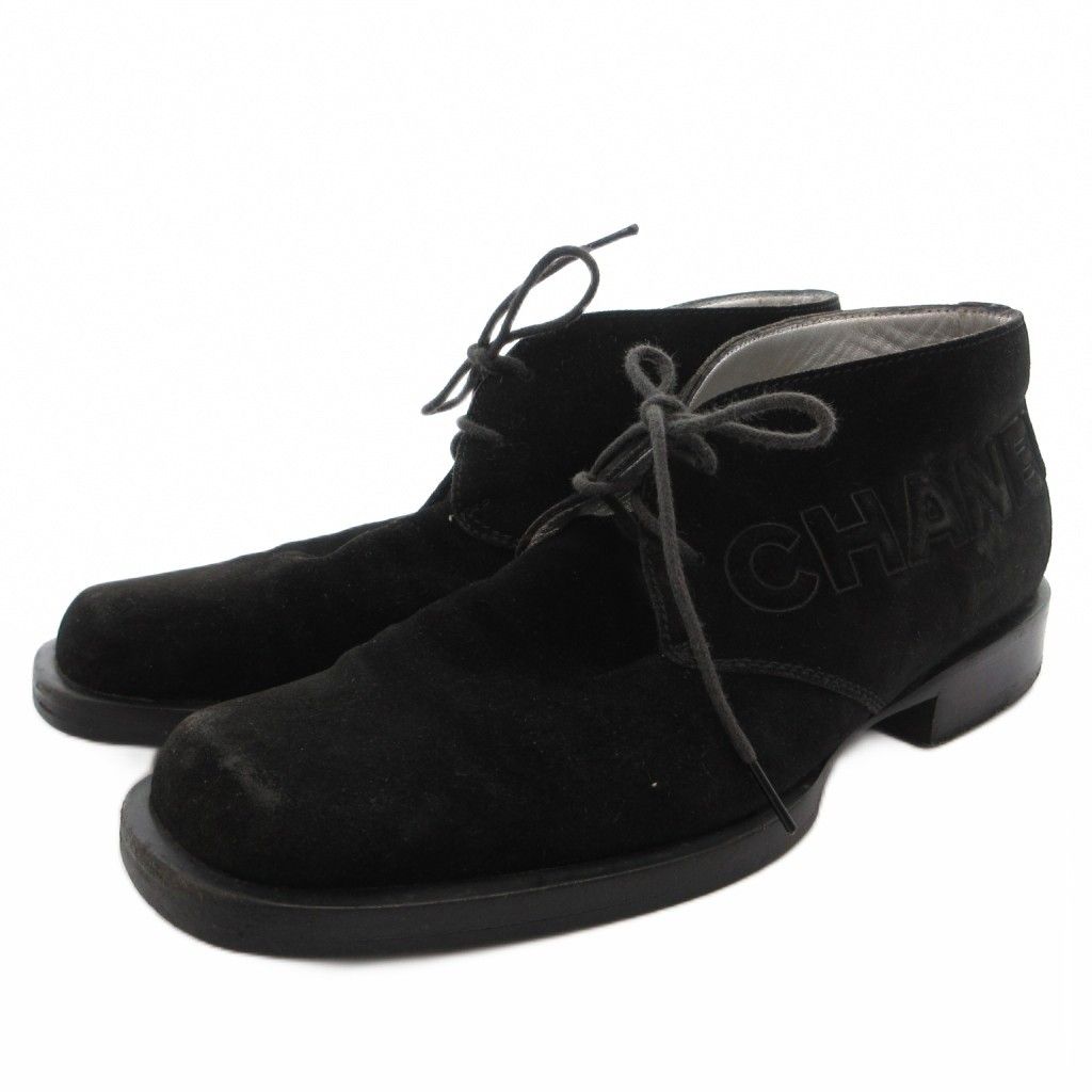 Chanel Lace Up Shoes Logo CC Suede 35.5 Black