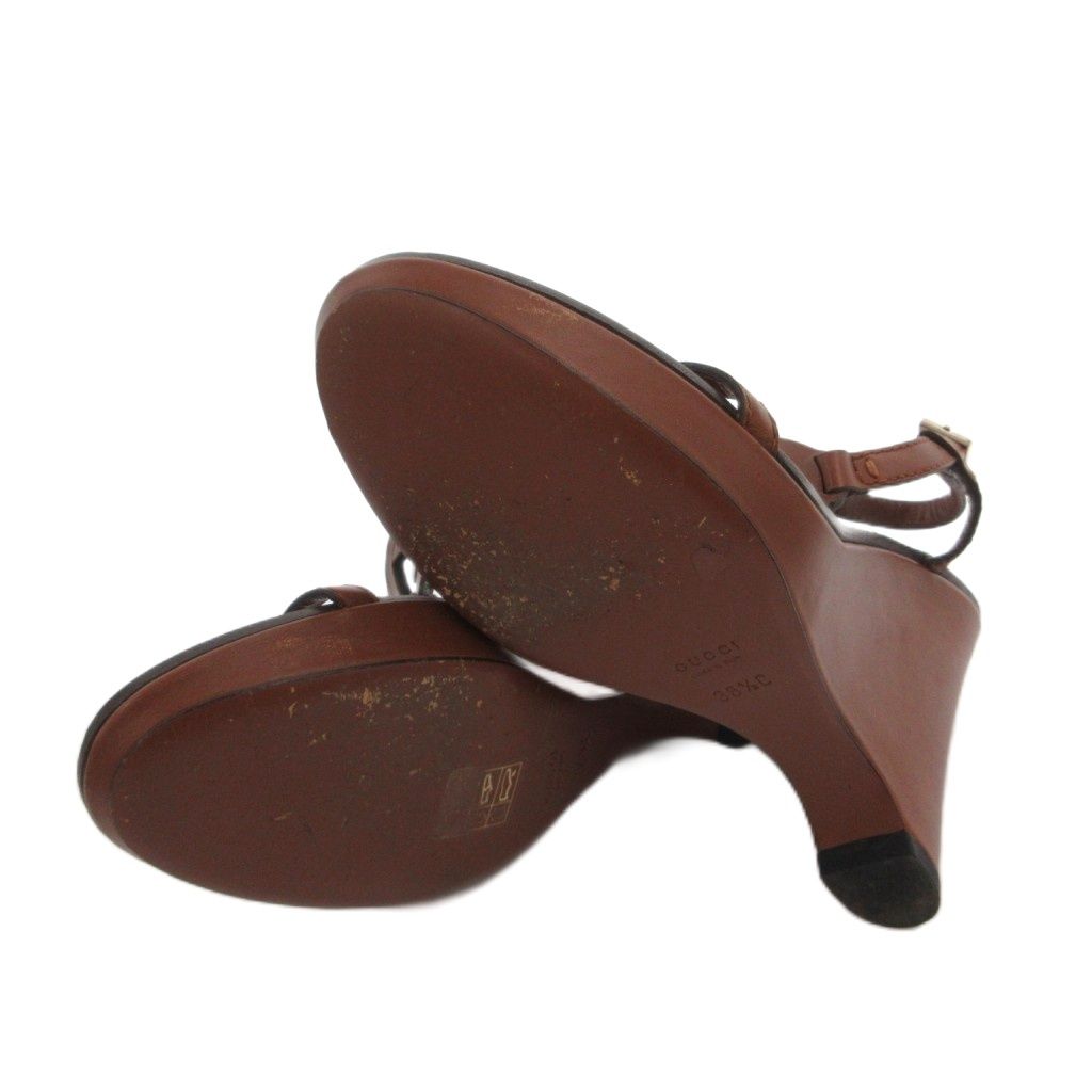Gucci Wedge Sole Sandals Strap Logo Leather 38.5 Brown — view 6