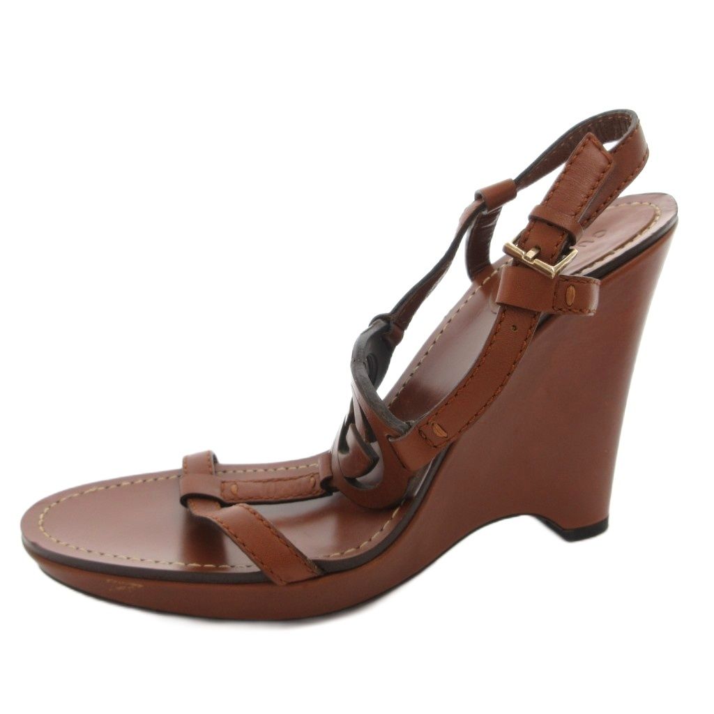 Gucci Wedge Sole Sandals Strap Logo Leather 38.5 Brown — view 2