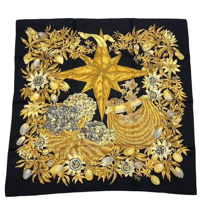 Hermes Carre 90 Passiflores Passion Flower Black Silk 100% Scarf