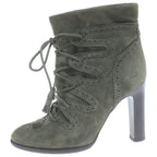 Hermes Medallion Lace Up Heels Short Boots Khaki Suede Shoes