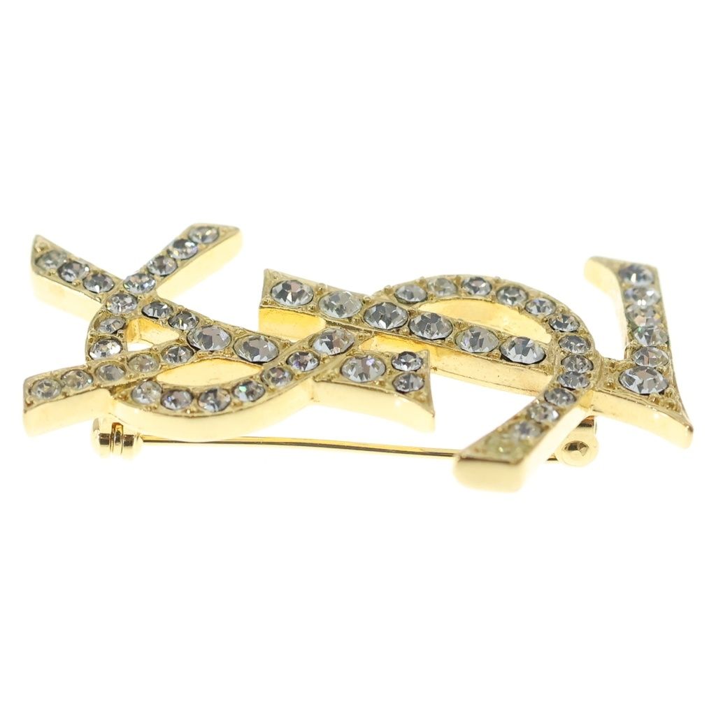 Saint Laurent Paris Rhinestone Logo Brooch Gold — view 4